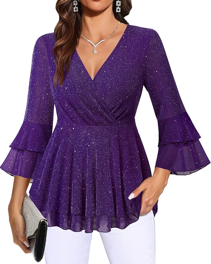 Lotusmile Women's Dressy Blouses Ruffle 3/4 Sleeve Peplum Sparkly Tops