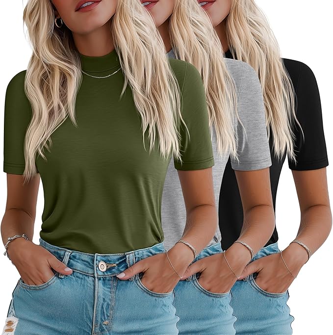 Ficerd 3 Pack Women's 1/2 Sleeve Mock Turtleneck Shirts, Elbow Length Shirt Half Sleeve Tunic Top Casual Summer Basic Tees