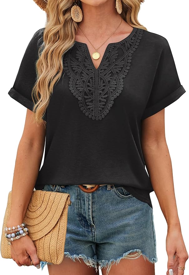 Sipaya Womens Blouses Dressy Casual Summer Shirts Short Sleeve Lace Front Boho Tunic Tops for Leggings Fashion Clothes