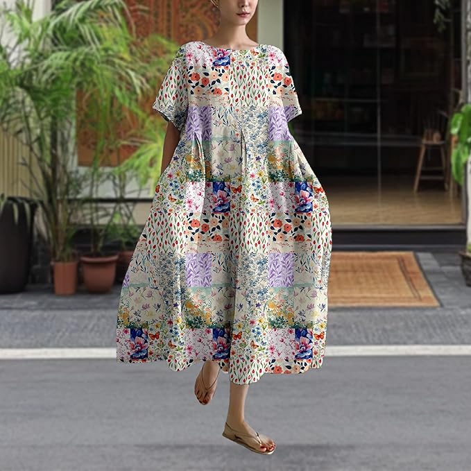 MARSVOVO Patchwork Flowy Dresses for Women Plus Size Loose Casual Tunic Dress Elegant Crewneck Maxi Dresses with Pockets