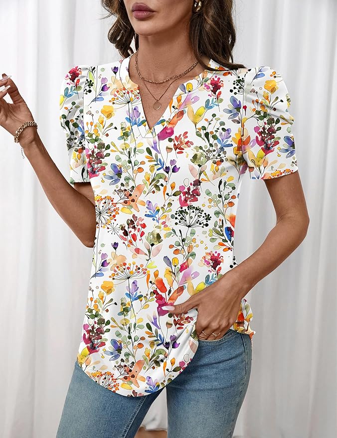 Lomon Spring Summer Tops for Women 2026 V Neck Puff Short Sleeve Tops Fashion Trendy Work Blouses Dressy Casual S-XXL