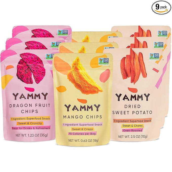 Yammy Dried Fruit Snack (Variety 9-Pack) - No Sugar Added 1 Ingredient Healthy Snacks for Adults & Kids - Sweet Potato Sticks, Freeze Dry Mango & Dragon Fruit Chips - Gluten Free Vegan Individual Packs