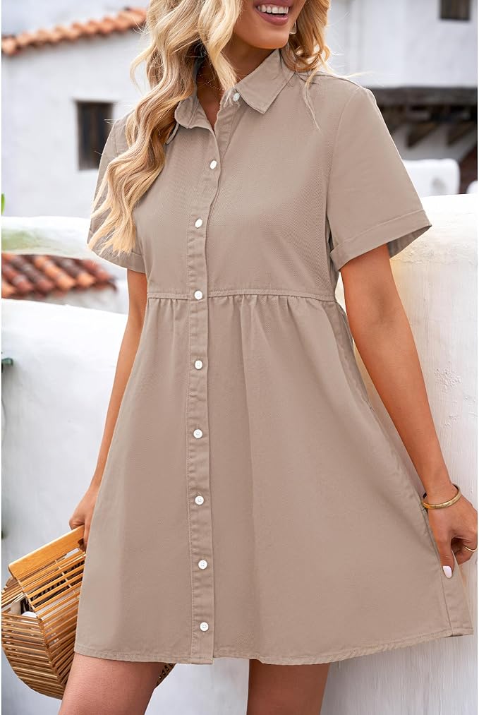 LookbookStore Women's Short Sleeve Button Down Flowy Tiered Babydoll Denim Dress