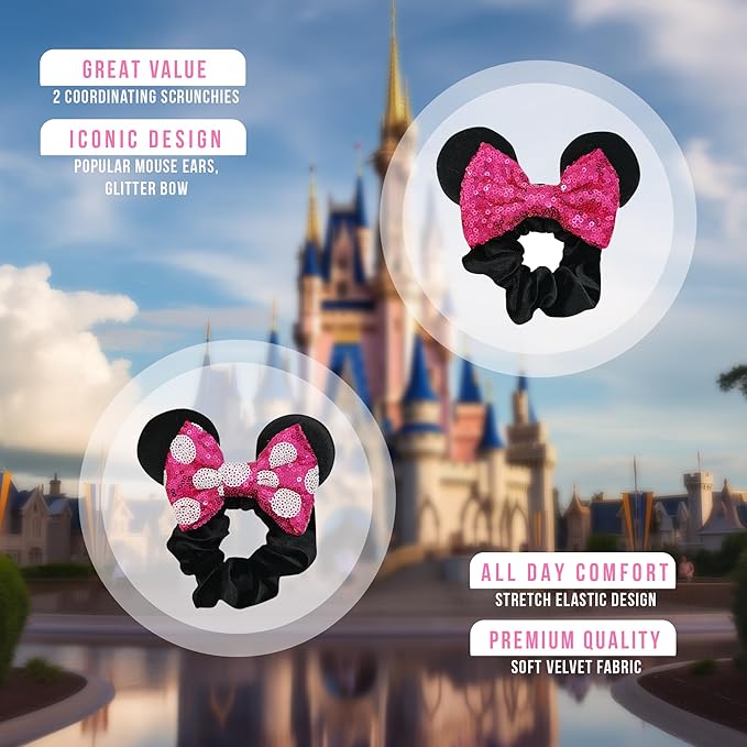Styla Hair 2pk Mouse Ear Scrunchies for Kids Velvet Hair Bow Scrunchies for Women - Sparkle Sequins Mouse Hair Bands for Mickey Ears (Hot Pink)