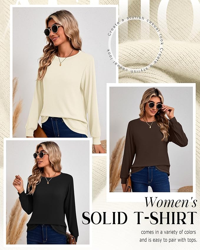 Ficerd 3 Pack Women's Long Sleeve Shirts, Cotton Crew Neck Tunic Tops Casual Loose Fit Pullover Sweatshirts Curved Hem Shirts