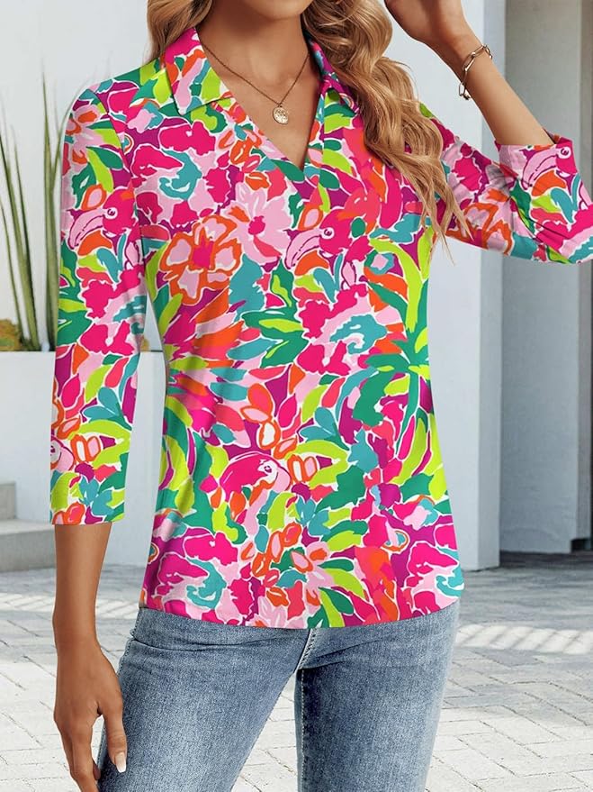 3/4 Length Sleeve Womens Tops Dressy Casual V Neck Polo Shirts Business Work Blouses 2025 Trendy Tunic Top