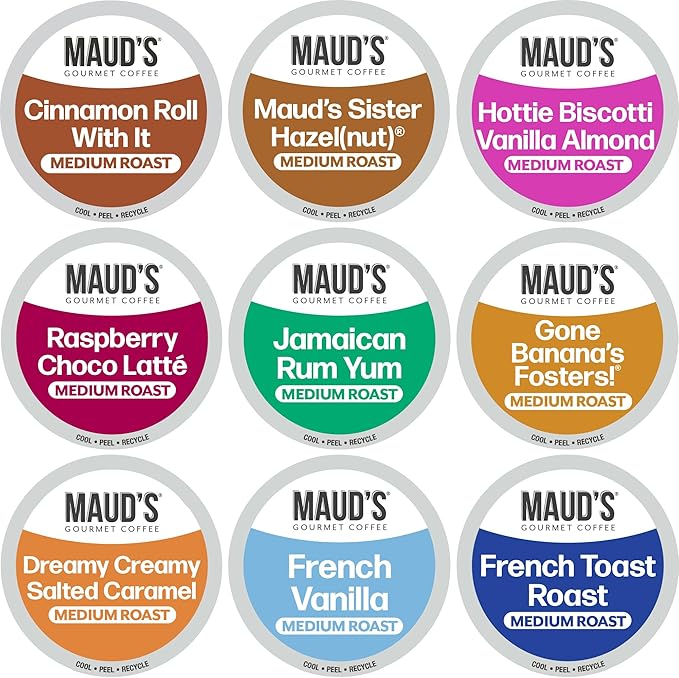Maud's Flavored Coffee Pods Variety Pack, 40 ct, 9 Assorted Flavors, Medium Roast Flavored Coffee in Recyclable Single Serve Pods – 100% Arabica Beans, Compatible with Keurig K Cups Maker