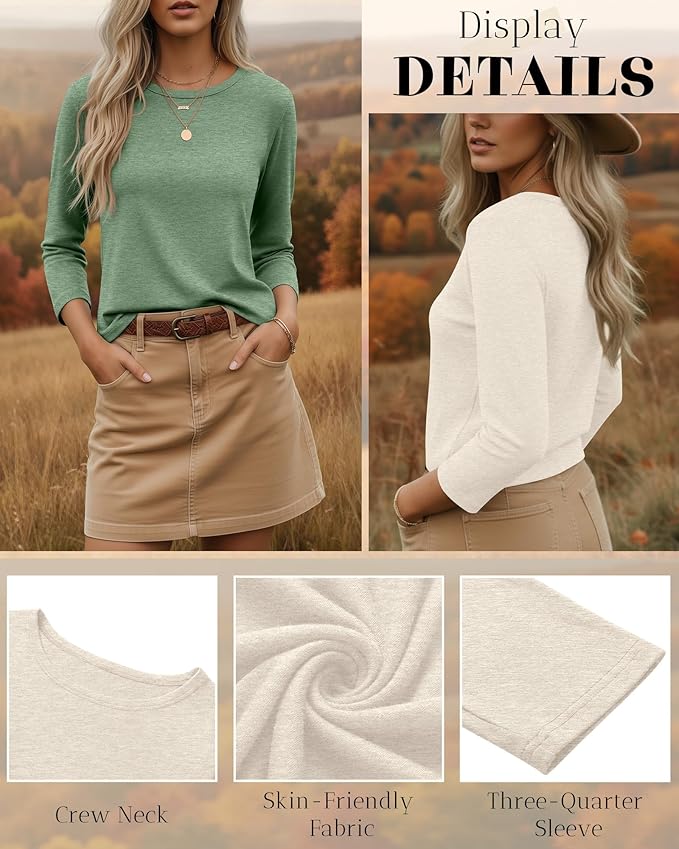 Ficerd 3 Pack 3/4 Sleeve Tops for Women Round Neck Dressy Basics Tees Casual Trendy Loose Fit T Shirts