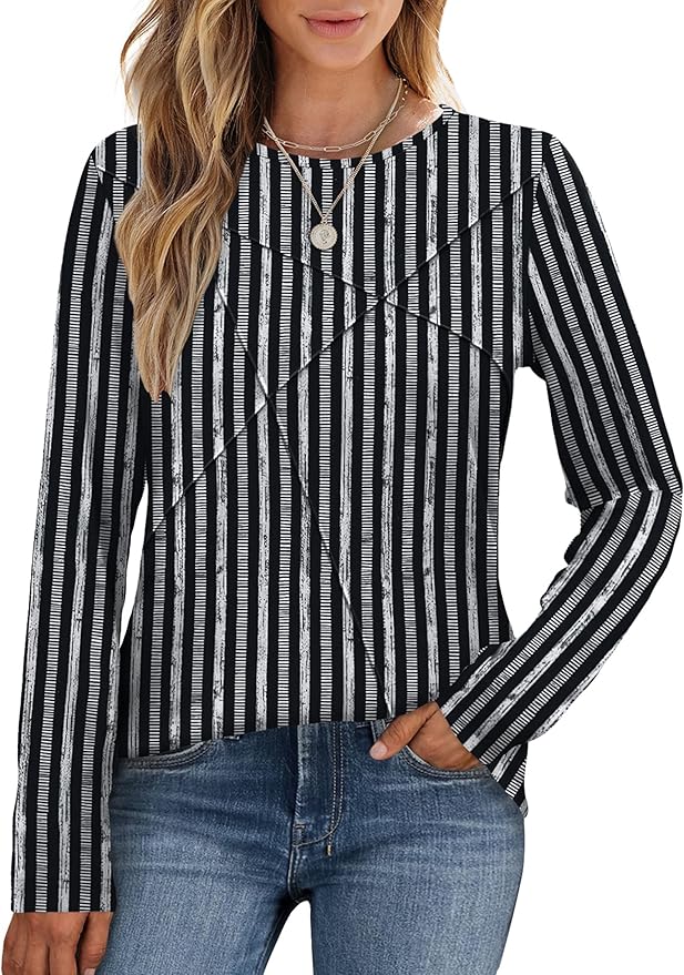 XIEERDUO Long Sleeve Shirts for Women Business Casual Tops Trendy Crewneck Fall T Shirts Pleated Loose Fit