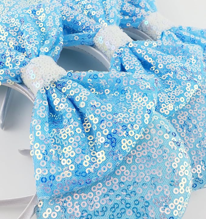 LIHELEI Mouse Ears Headband for Princess, Blue Cinderella Elsa Headbands for Halloween Costume, Sequin Bows Headwear Hair Accessories for Women -Light Blue