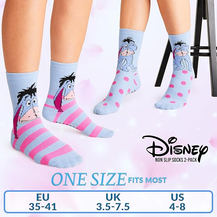 Disney Slippers Socks for Women & Teens US Size 4-9, Pack of 2 Non Slip Fleece Winter Socks, Soft & Fluffy, Gifts for Her