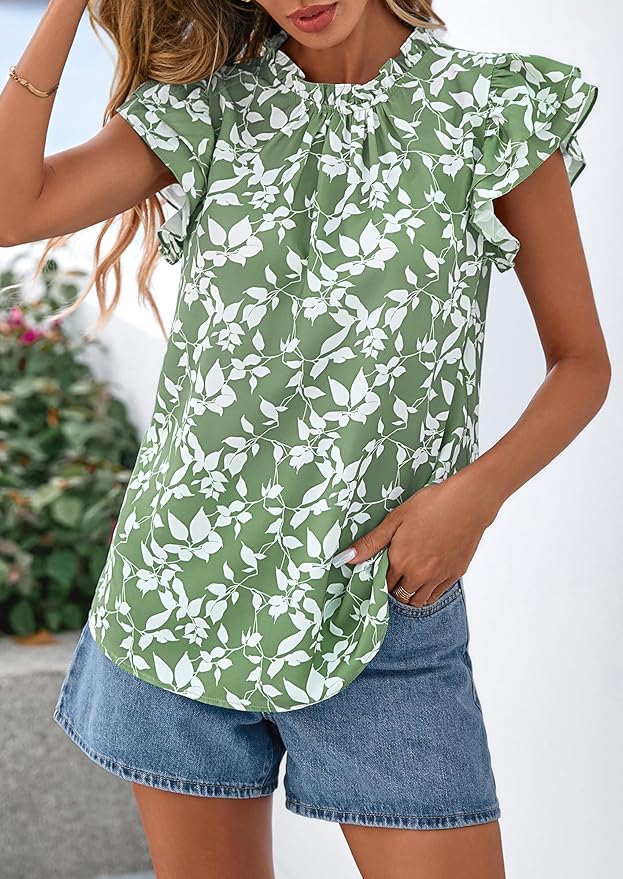 PRETTYGARDEN Women's Ruffle Short Sleeve Summer Tops 2026 Trendy Floral Trim Neck Casual Dressy Chiffon Boho Blouses Shirts