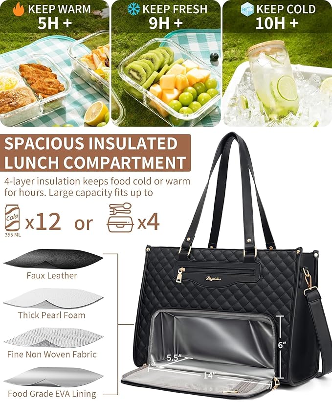 Lunch Tote Bag for Women, 15.6 Inch Laptop Work Bag with Insulated Lunch Box Compartment & Purse Large Capacity Quilted Computer Handbag for Office Business Work Nurse Teacher Travel Casual
