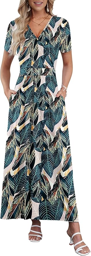AUSELILY Maxi Dresses for Women Ankle Length Floral Print Beach Long Flowy Dress with Pockets