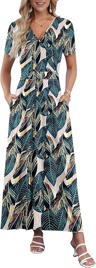 AUSELILY Maxi Dresses for Women Ankle Length Floral Print Beach Long Flowy Dress with Pockets