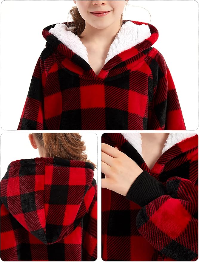 KFUBUO Wearable Blanket Hoodie for Kids Sherpa Patterns Oversized Sweatshirt Blanket With Pocket 6-10 Year Old Girl Boy Red Plaid