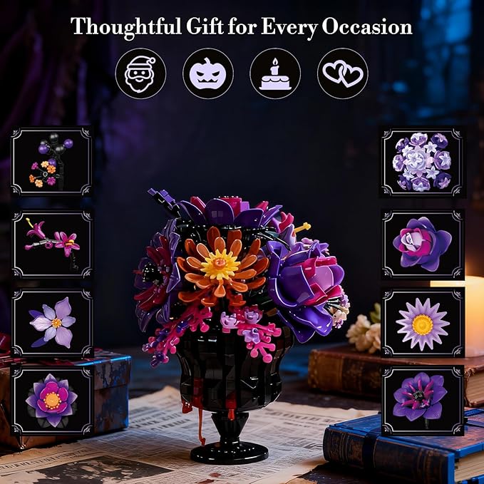Flowers Bouquet Block Set, Elegant Purple Botanical Bouquet with Detailed Instructions for Parent-Child Bonding & Creative Achievement, Gift Idea with Purple Theme for Lego Decor Lovers or Loved One