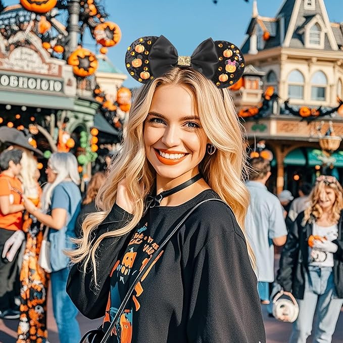 ETLUK Halloween Headband with Pumpkin & Orange Acrylic Rhinestones, Sparkly Sequin Bow Halloween Mouse Ears Accessories for Women, Girls, Adults