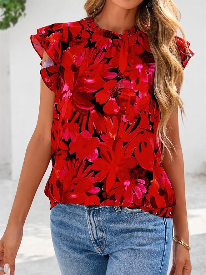 PRETTYGARDEN Women's Ruffle Short Sleeve Summer Tops 2026 Trendy Floral Trim Neck Casual Dressy Chiffon Boho Blouses Shirts