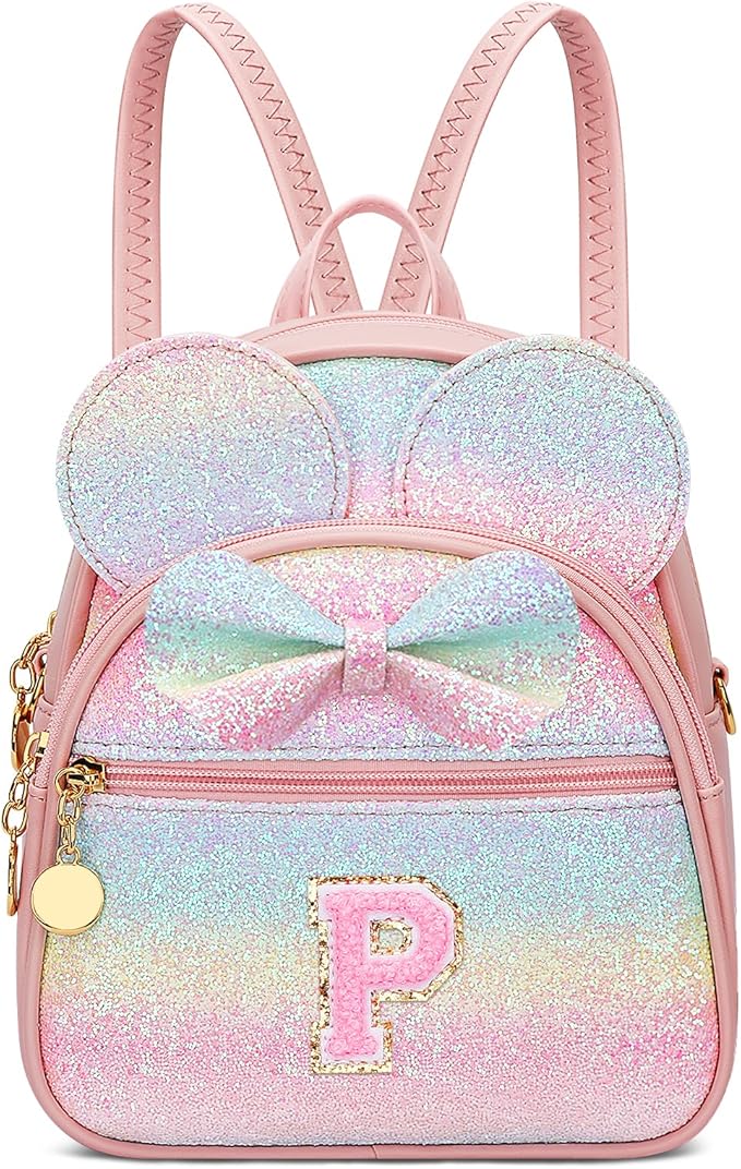 KKXIU Initial Bowknot Mini Backpacks for Girls Women, Small Cute Backpack Purse, Personalized Valentines Day Gifts for Toddler, Kids and Teen Girls(P, Rainbow)