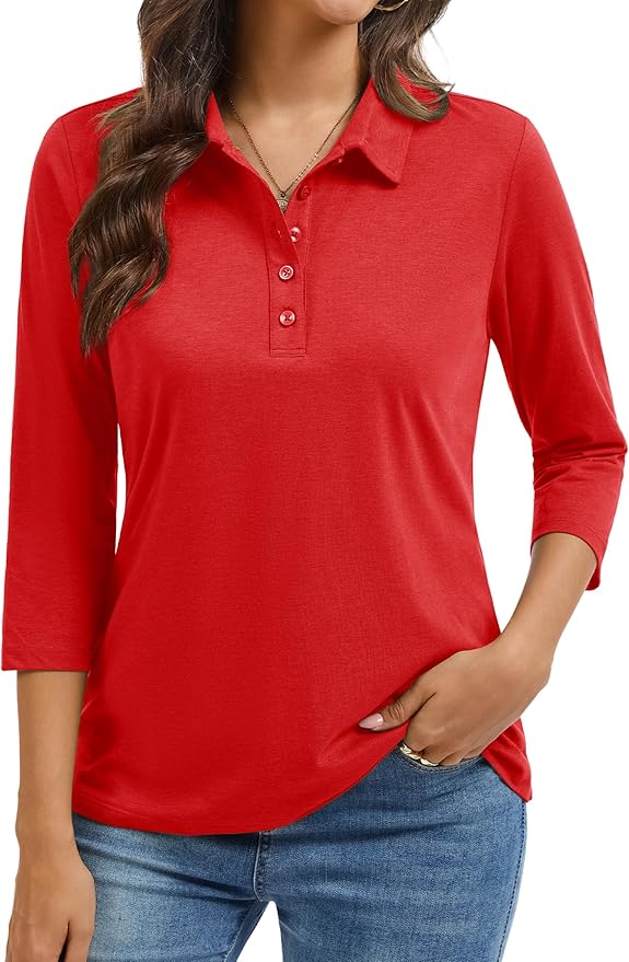 YUCOLEN Polo Shirts for Women 3/4 Sleeve Tops Golf Tees 5-Button Collared Cotton Shirt Business Casual