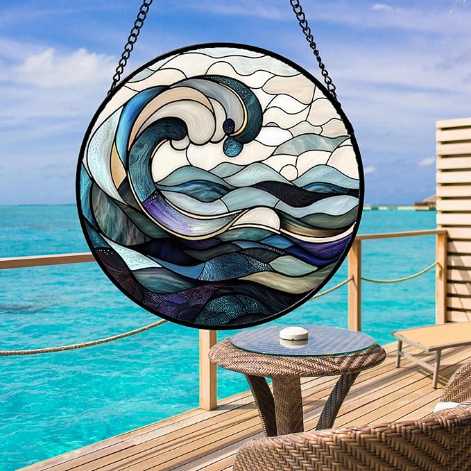 Stained Glass Window Hanging, Ocean Waves Sun Catchers Diamond Glass Panel Hangings Abstract Suncatcher Decor for Birthday for Women, Men, Wife, Aunt, and Mom 14.9x14.9 in