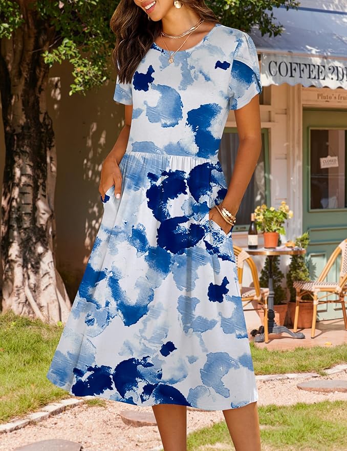 HOTOUCH Women's Summer A-Line Midi Dresses 2026 Casual Floral Short Sleeve T-Shirt Dress Flowy Beach Sundress with Pockets
