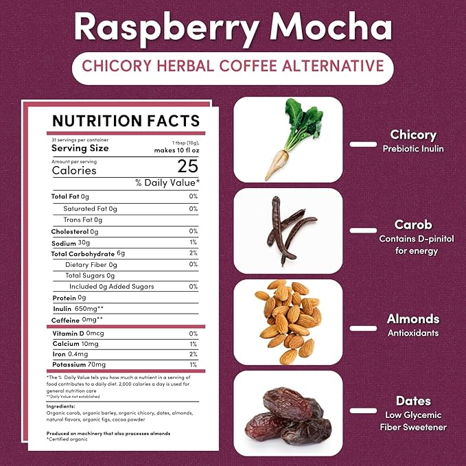 Teeccino Raspberry Mocha Chicory Coffee Alternative - Ground Herbal Coffee That’s Prebiotic, Caffeine Free & Acid Free, Dark Roast, 11 Ounce