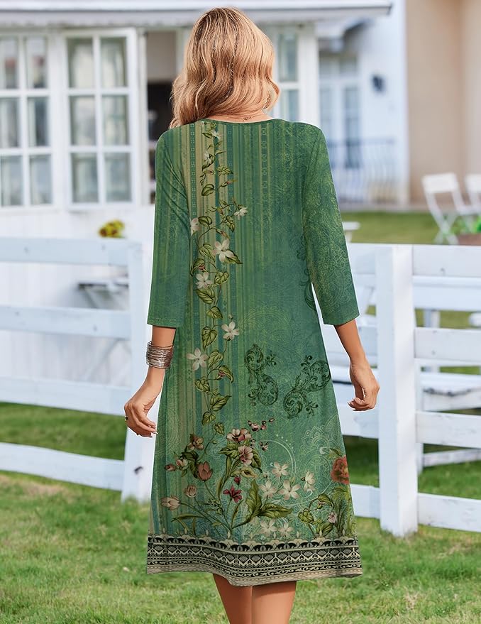 ZEAGOO 3/4 Sleeve Women's Dress Casual Flowy A-Line Midi Tshirt Dresses with Pocket Empire Waist Summer Boho Beach Sundress