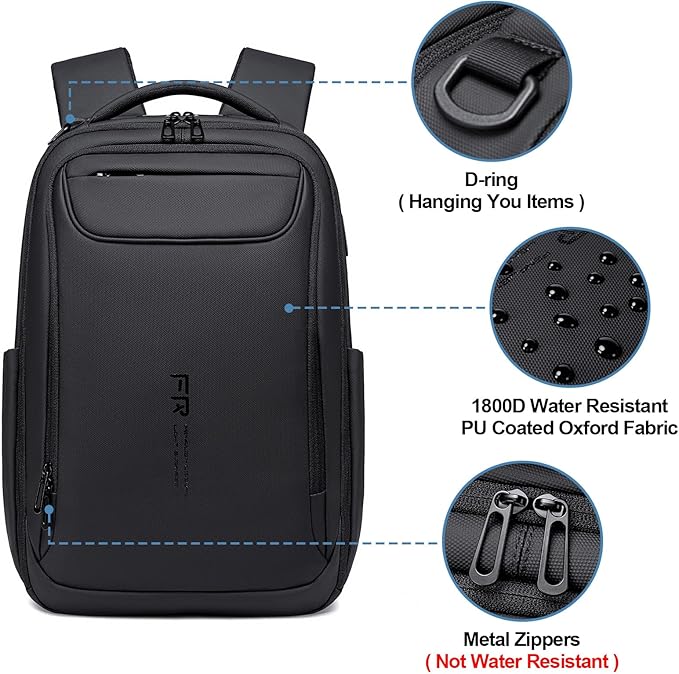 FENRUIEN Expandable Travel Backpack 15.6 Inch, Water Resistant Backpack with USB Charging Port, Black Laptop Bag for Work/Commuter/College