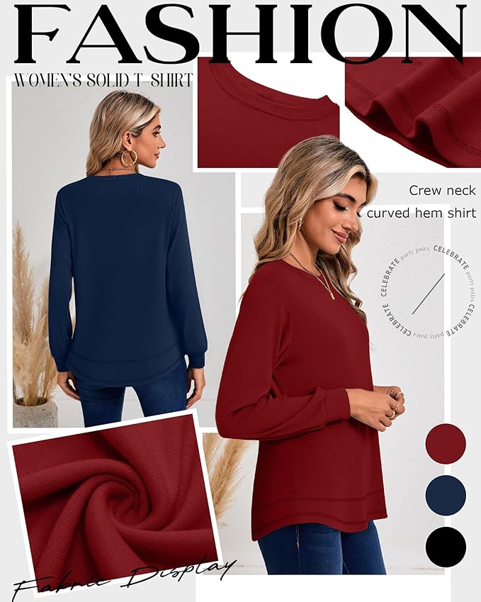 Ficerd 3 Pack Women's Long Sleeve Shirts, Cotton Crew Neck Tunic Tops Casual Loose Fit Pullover Sweatshirts Curved Hem Shirts