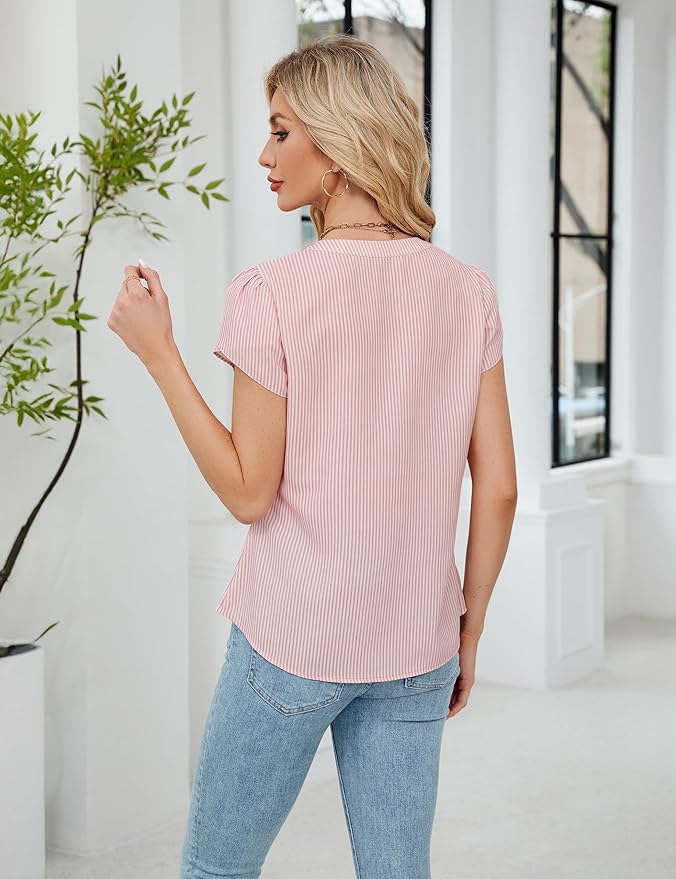 Blooming Jelly Women's Dressy Casual Tops Business Work Blouses White Button Down Shirts Cap Sleeve V Neck Tshirt