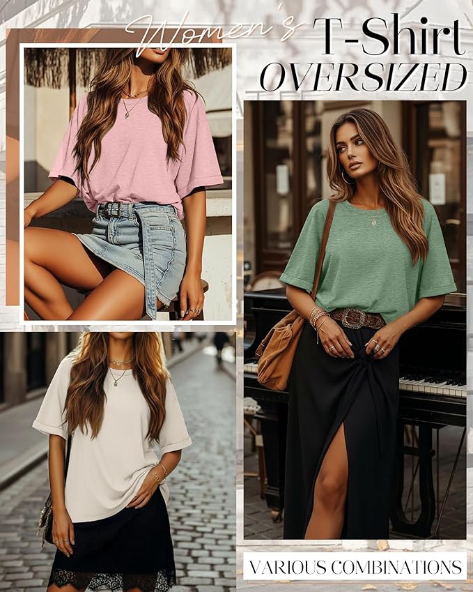 Riyiper 3 Pack Women's Oversized T-Shirt Half Sleeve Summer Tees Casual Loose Fit Crew Neck Basic Tops