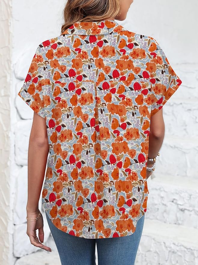 Womens Button Down Shirt Casual Short Sleeve Collared Work Blouse with Pocket