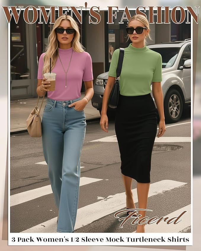 Ficerd 3 Pack Women's 1/2 Sleeve Mock Turtleneck Shirts, Elbow Length Shirt Half Sleeve Tunic Top Casual Summer Basic Tees