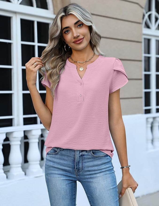 Zeagoo Womens Tops Dressy Casual Textured Blouses Cap Short Sleeve Shirts V Neck Button Up Summer Spring Work Tshirt Clothes
