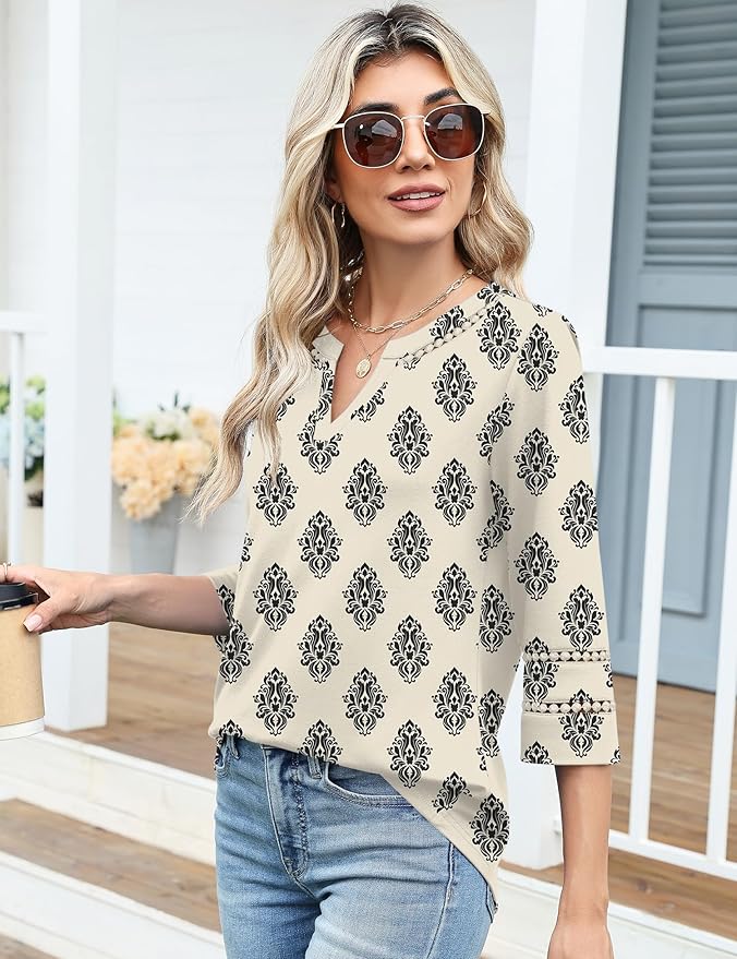 Ivicoer 3/4 Length Sleeve Womens Tops V Neck Lace Embroidered Summer Blouses Loose Fit Tunic Dressy Casual