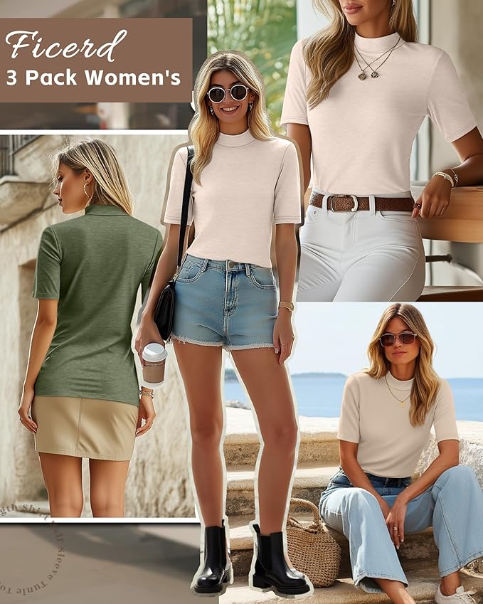 Ficerd 3 Pack Women's 1/2 Sleeve Mock Turtleneck Shirts, Elbow Length Shirt Half Sleeve Tunic Top Casual Summer Basic Tees