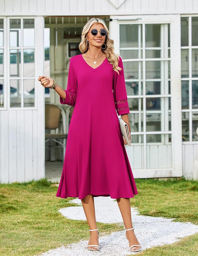 Zeagoo Women's Dresses 3/4 Sleeve Summer Casual V-Neck A Line Flowy Eyelet Midi Dress for Women Beach Vacation Sundress