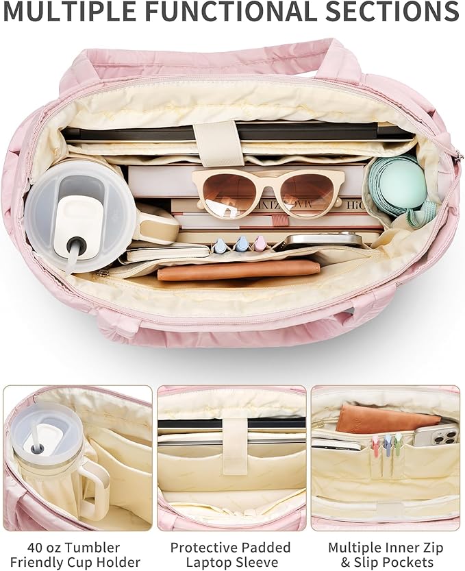 Puffer Tote Bag for Women, Lightweight Puffy Work Handbag Teacher Nurse Quilted Shoulder Bag for School Travel Gym | Quilted, with Zipper, Daily Carry On Bags, Comfy College Bags, 15.6" Laptop Sleeve, Cup Holder Pocket, Portable, Spacious