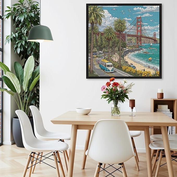 Naturelish 1000 Piece Jigsaw Puzzle for Adults, Cityscape Jigsaw Puzzle, Vibrant California Coastline with Golden Gate Bridge, Palm Trees & Tour Bus, Challenging Art Puzzle, 22.5 x 22.5 in