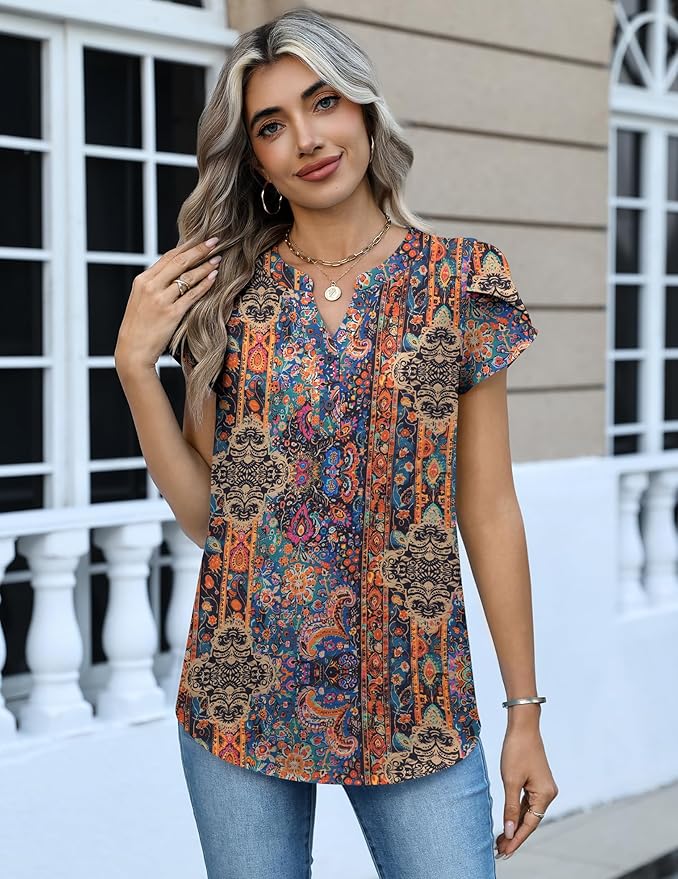 Zeagoo Womens Tops Dressy Casual Textured Blouses Cap Short Sleeve Shirts V Neck Button Up Summer Spring Work Tshirt Clothes