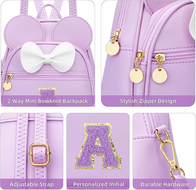KKXIU Girls Initial Bowknot Cute Mini Backpack for Toddler, Travel Small Girl Backpacks, Personalized Valentine's Day Gifts for Little Girls and Kids(A, Purple)
