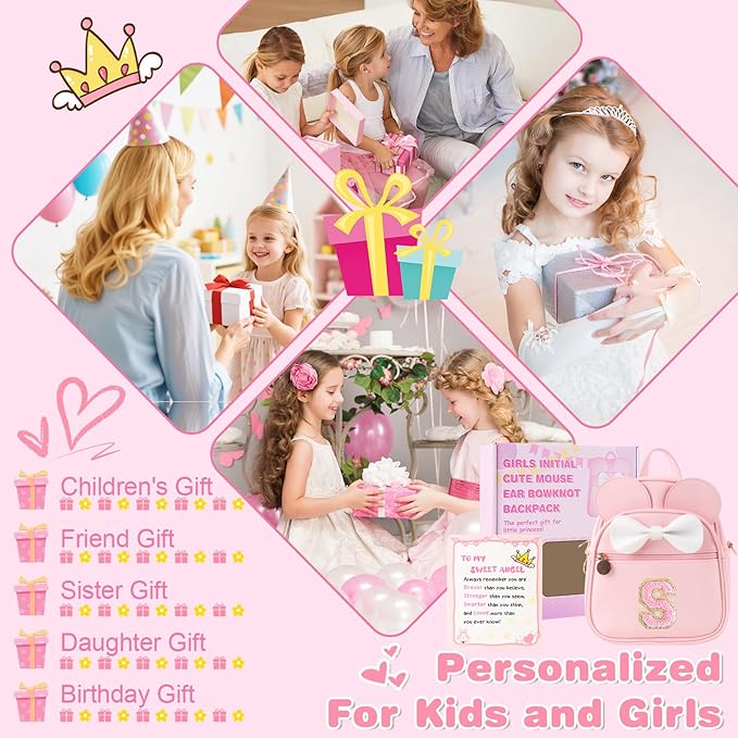 UIXIZQ Personalized Toddler Backpack for Girls 3–10, Cute Mini Bowknot Mouse-Ear Toddler Bookbag Crossbody Purse, Small Daypack Wallet Set, Initial Birthday Gift, Trendy Little Kids/Teen Bag(Pink,S)