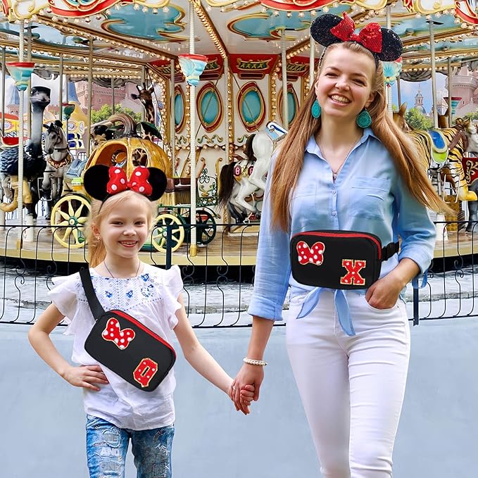 Chenille Initial Letter Bow Mouse Fanny Pack, Waterproof Park Crossbody Bag Christmas Birthday Gifts for Teen Girls Daughter Women Kids Adults, Cute Belt Bag Must Haves for Park Travel (X, Black)