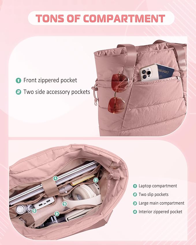 Puffer Tote Bag for Women, Lightweight Tote Bag for Work and School, Dark Pink