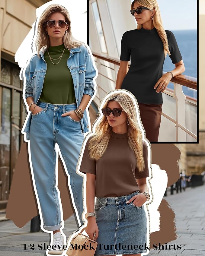 Ficerd 3 Pack Women's 1/2 Sleeve Mock Turtleneck Shirts, Elbow Length Shirt Half Sleeve Tunic Top Casual Summer Basic Tees