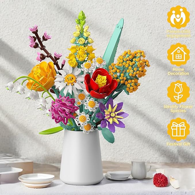 Flowers Bouquet Building Set, 1070PCS Wildflower Botanical Collection Kit, Artificial Plant Flower Toy for Women Kids Girls, Home Office Decor Gift for Valentine's Day, Mother's Day, Christmas
