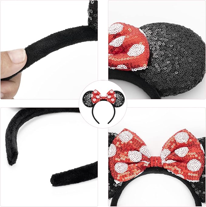 YUNISS 2 PCS Mouse Ears, Shiny Sequin Bow Mouse Ears Headbands for Adult Women Girls Christmas Birthday Party