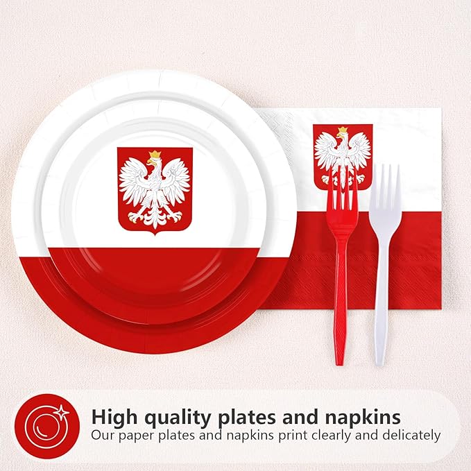 Greencian 96Pcs Poland Flag Party Decorations National Country Decoration Poland National Day Plates and Napkins Tableware Set for Polish Red and White Patriotic Festival Party Supplies，Serves 24